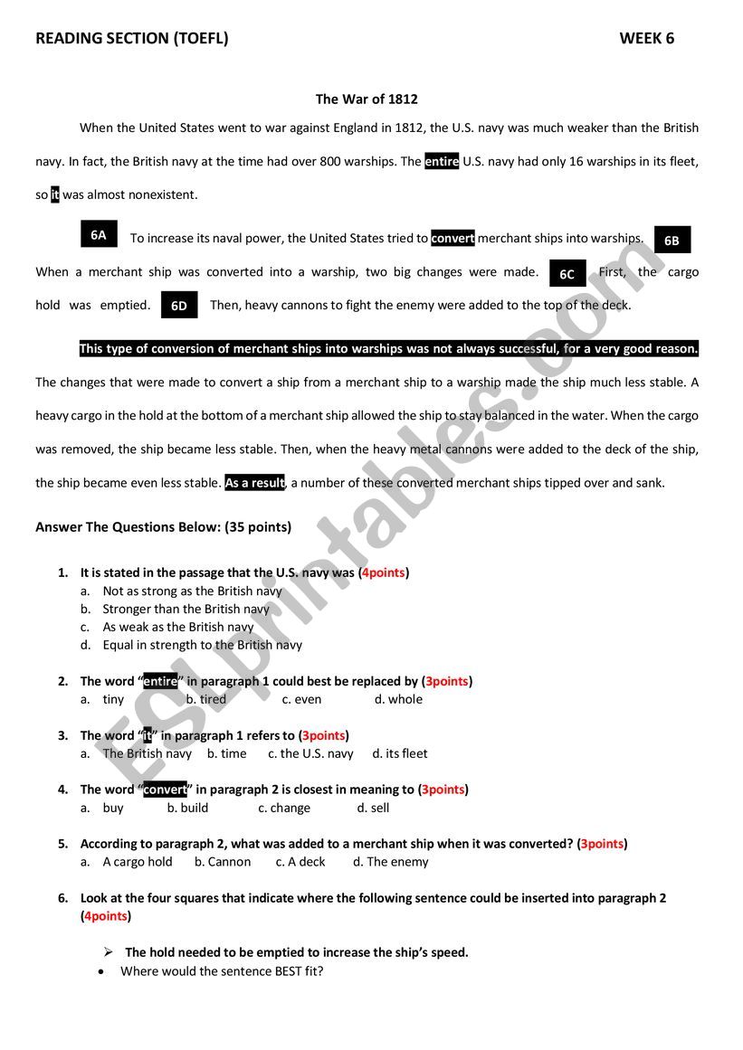 TOEFL READING worksheet