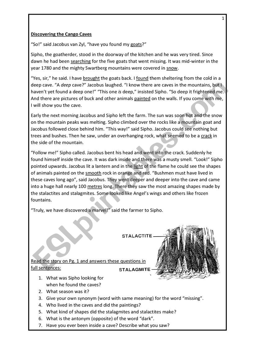 Discovering the Cango Caves worksheet
