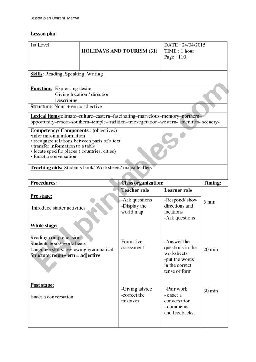 holidays and tourism worksheet