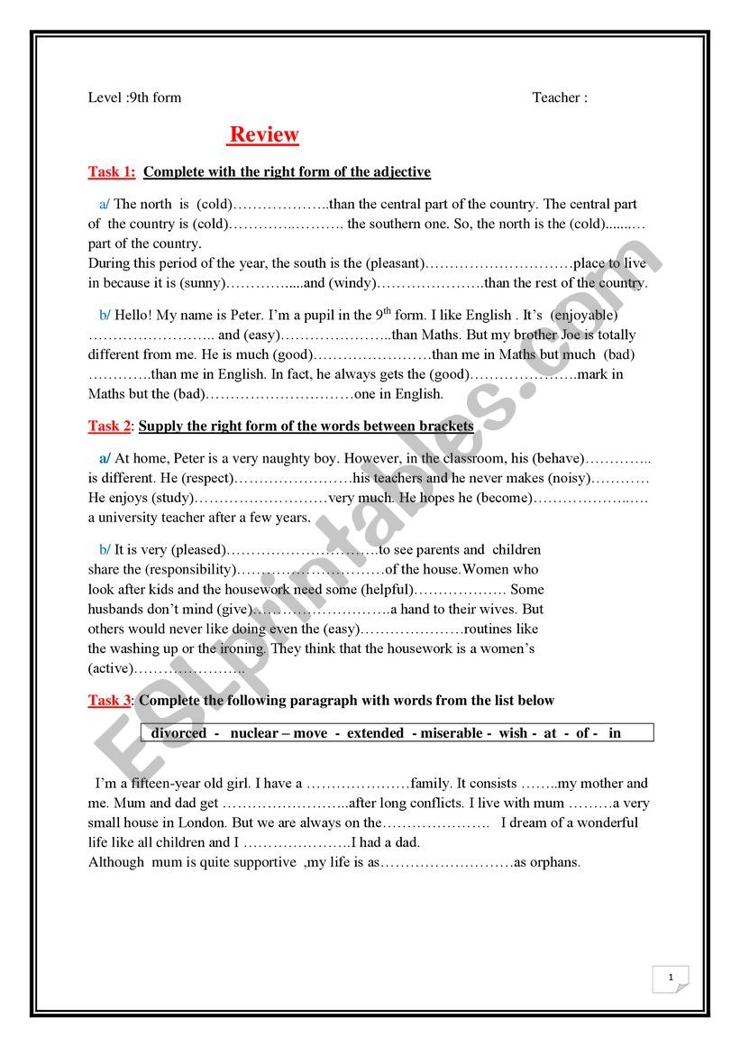 usefu tasks for 9 grade worksheet