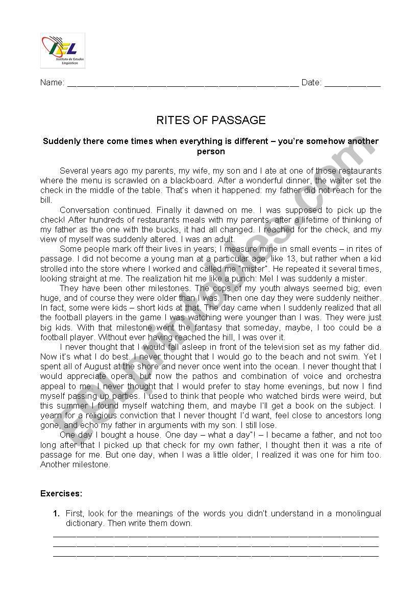 Rites of passage worksheet