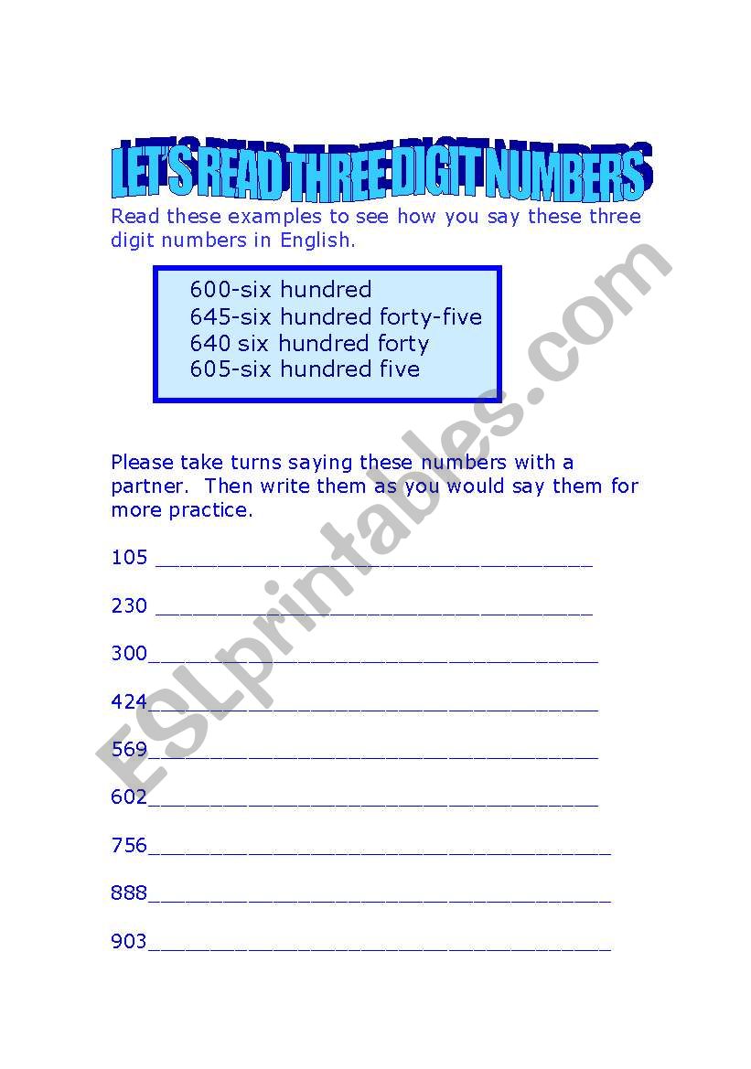 Reading Three Digit Numbers worksheet