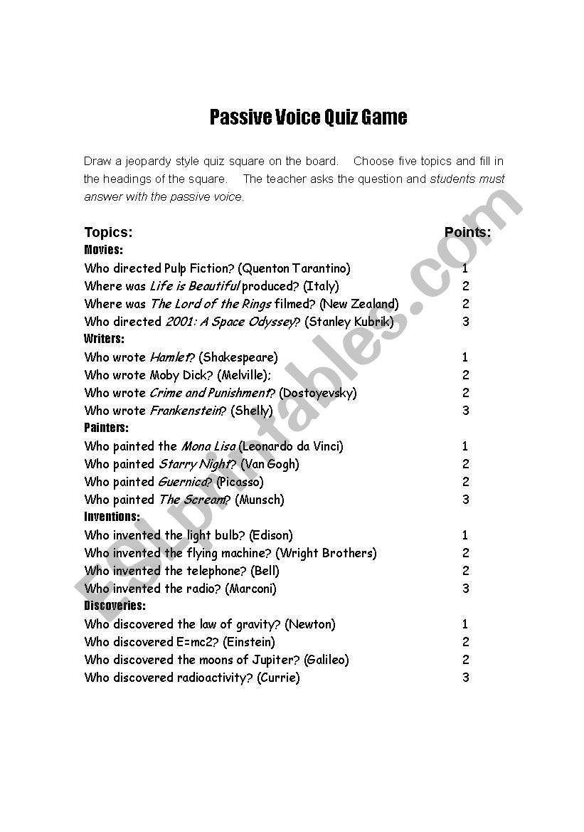 JEOPARDY  WITH PASSIVE VOICE  worksheet