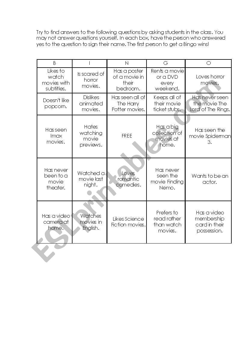 Bingo worksheet