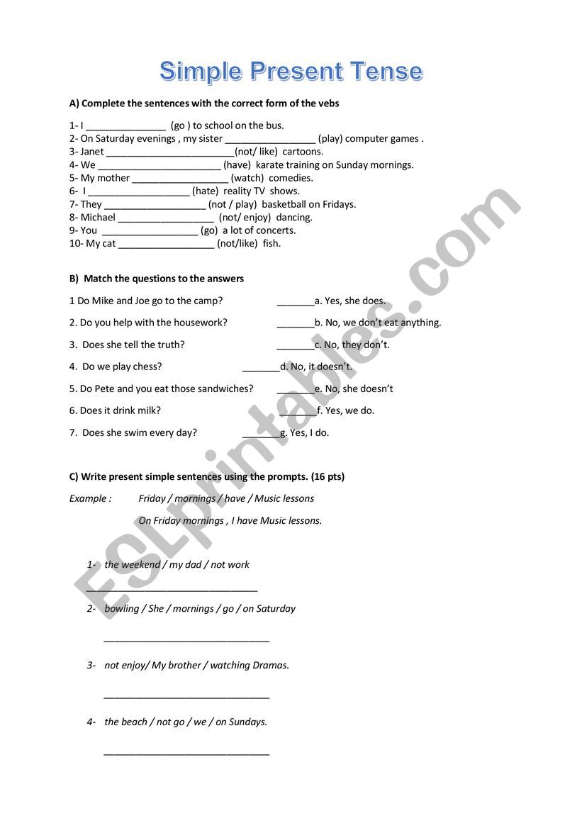 simple present worksheet worksheet