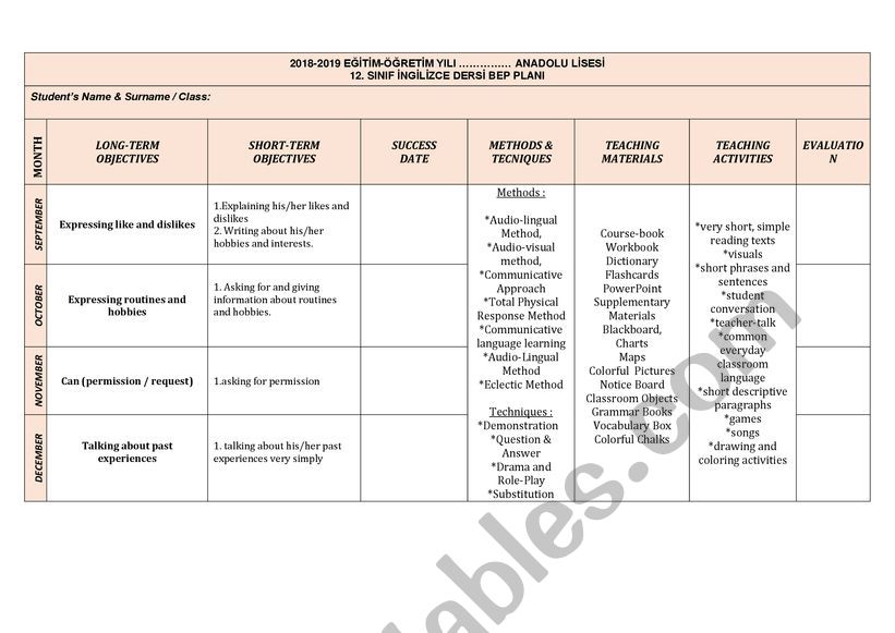 Bep planı lise worksheet