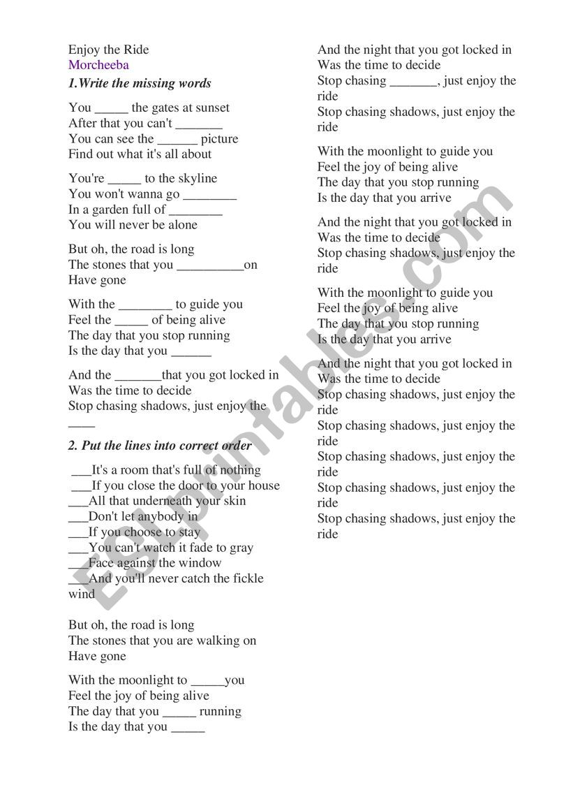 Morcheeba Enjoy the ride worksheet