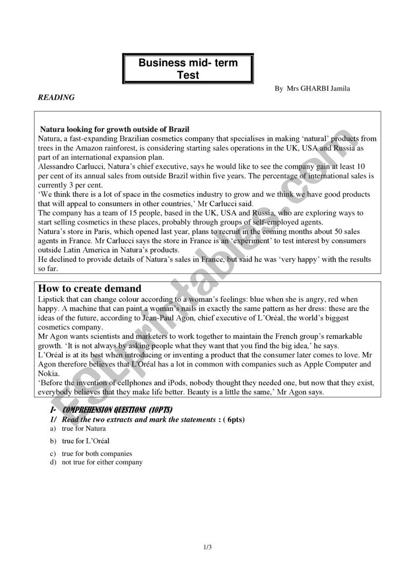 Business Evaluation Test worksheet