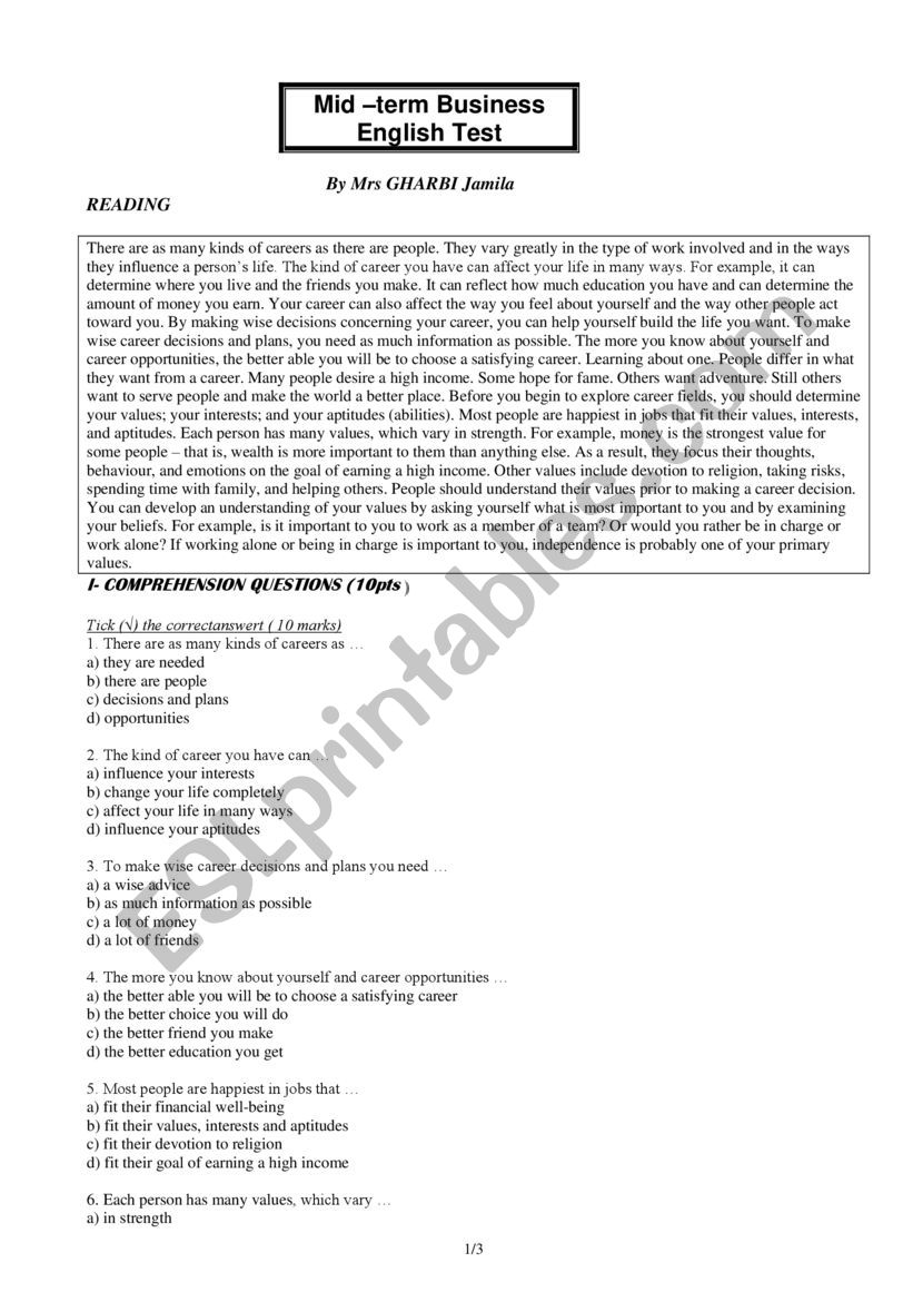 Mid-term business English Test 2