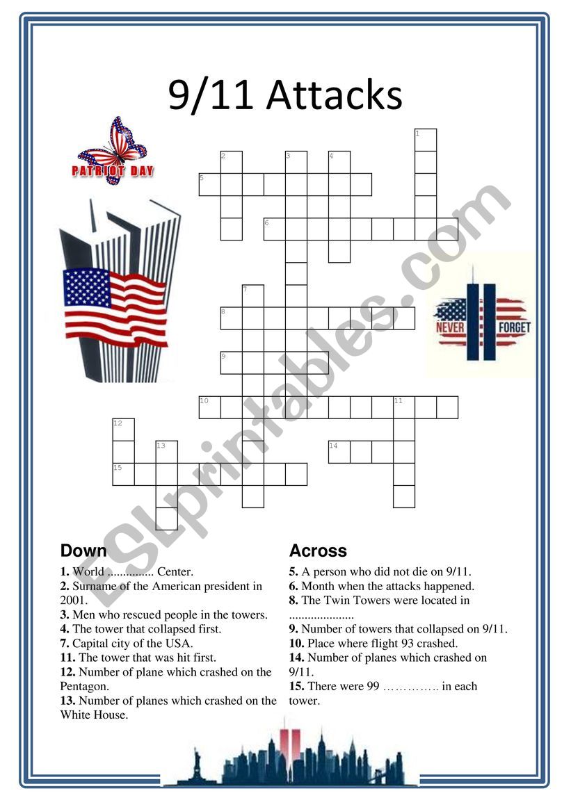 Crosswords 9/11 attacks worksheet