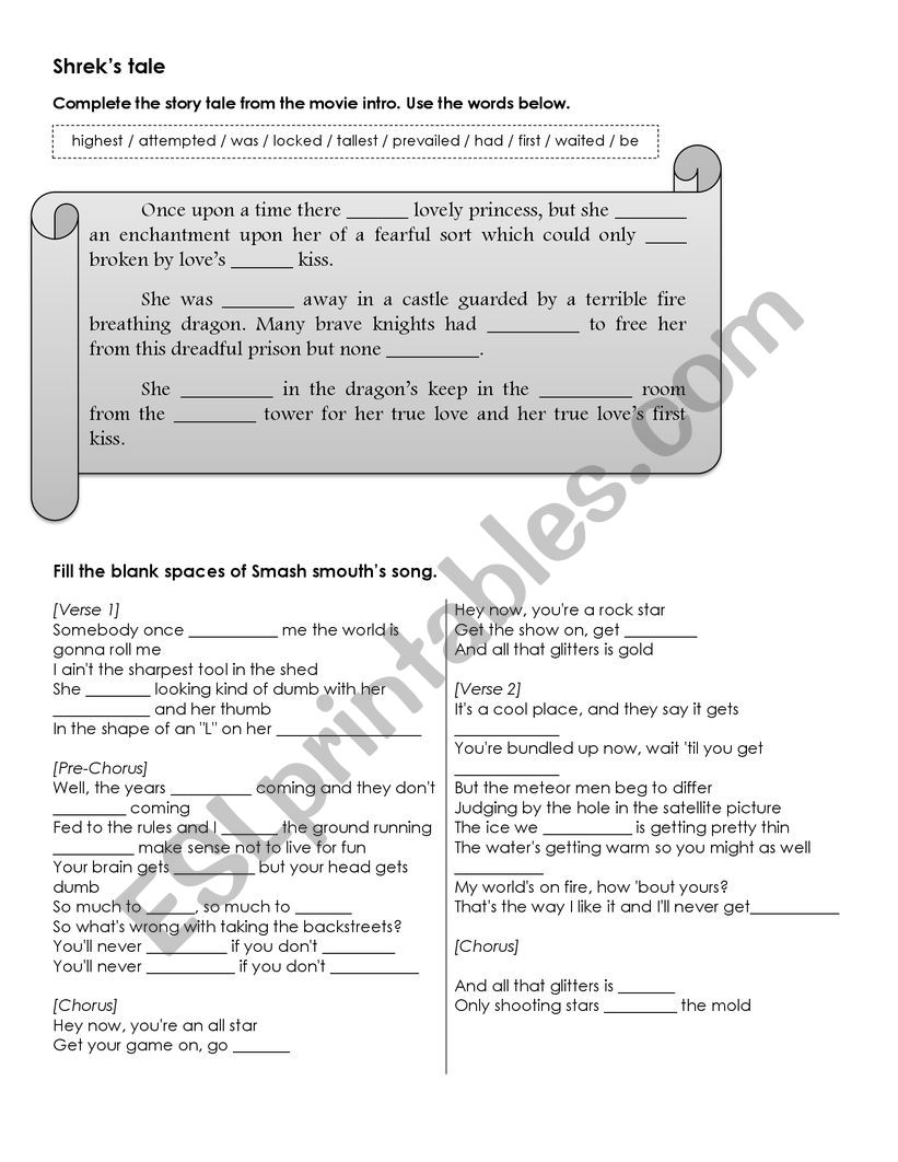 Past simple with shrek movie worksheet