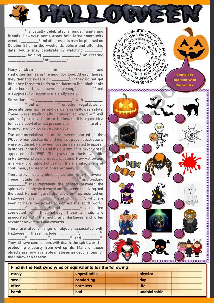 Happy Halloween. Reading and gap-filling + pictionary and vocabulary ex + KEY