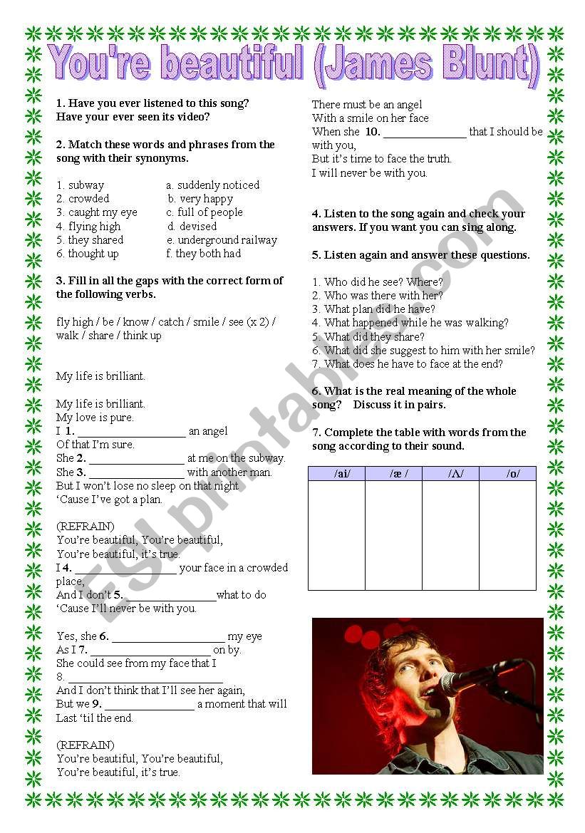 You Re Beautiful By James Blunt Esl Worksheet By Oppilif