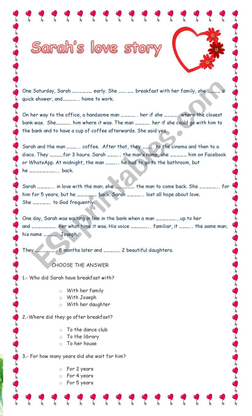 Sarahlove story worksheet