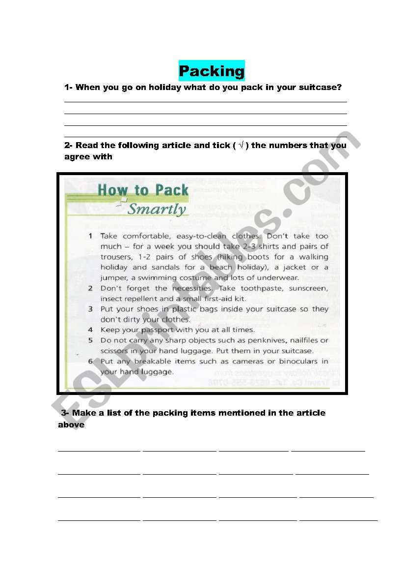How to pack smartly worksheet