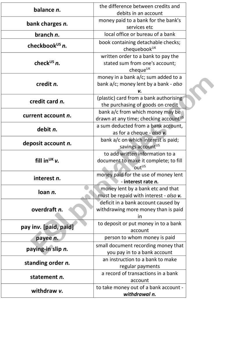 banking - match worksheet