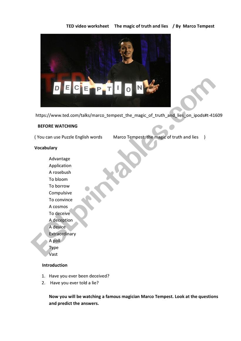 TED video worksheet  The Magic of Truth and Lies/ by Marco Tempest