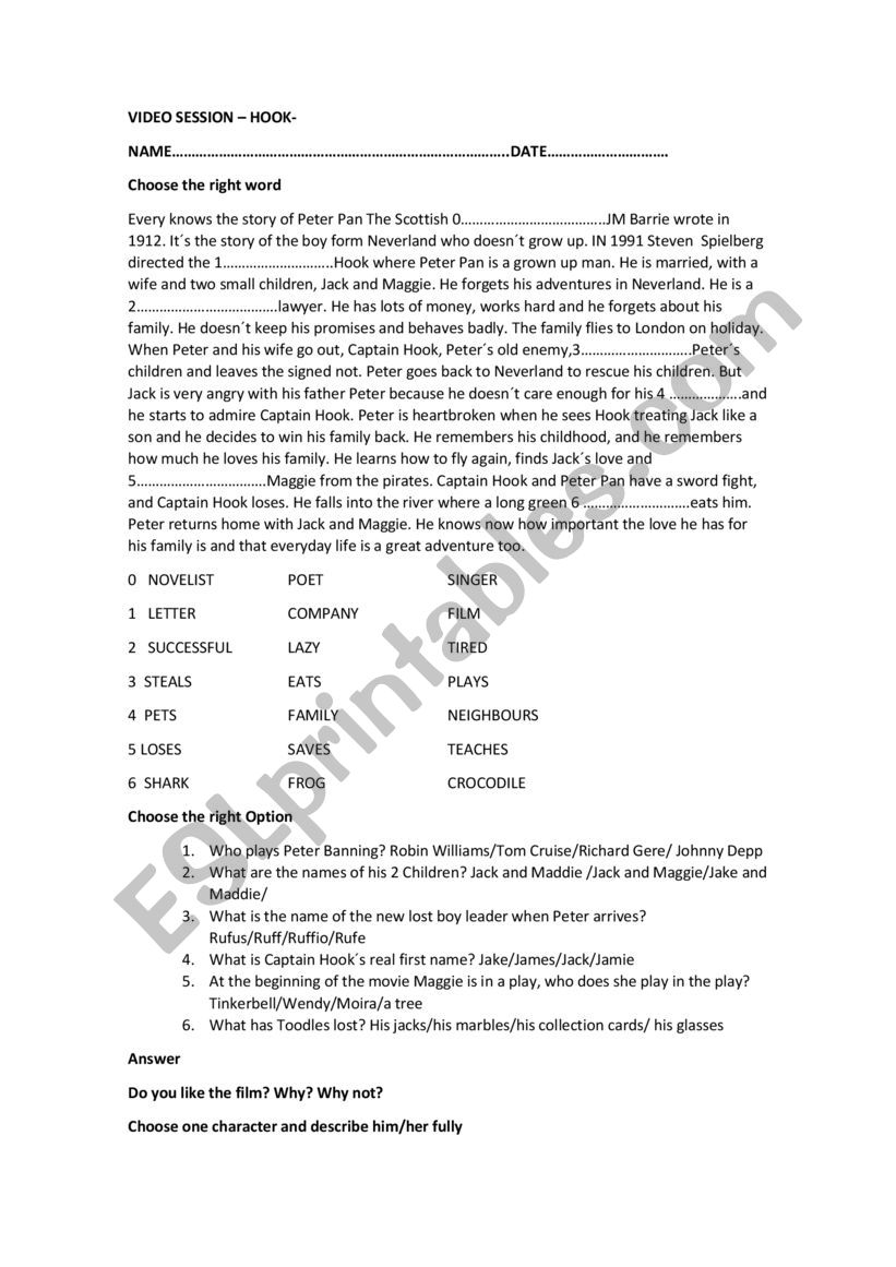 HOOK worksheet