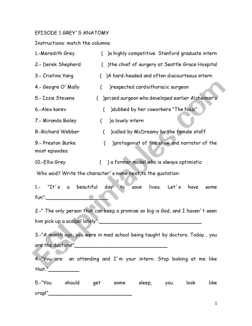 GREYÂ´s ANATOMY 1st EPISODE worksheet