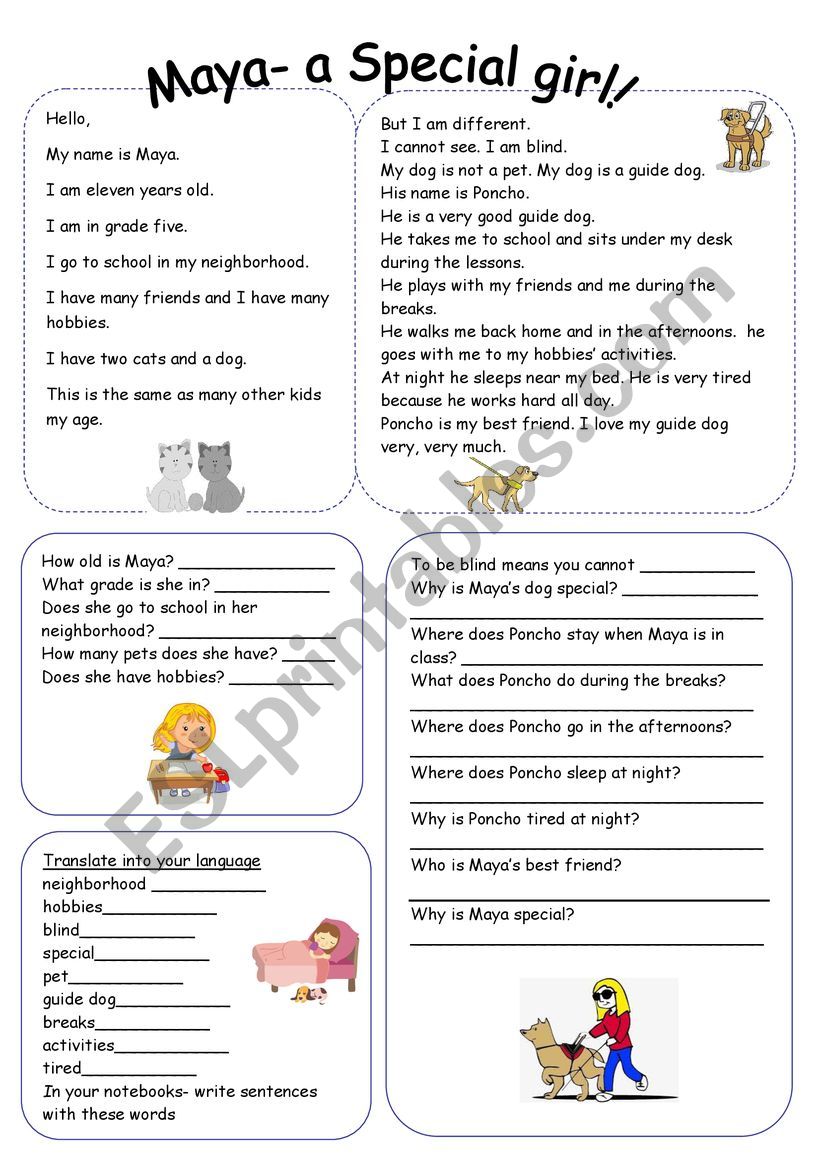 Maya- a special girl worksheet