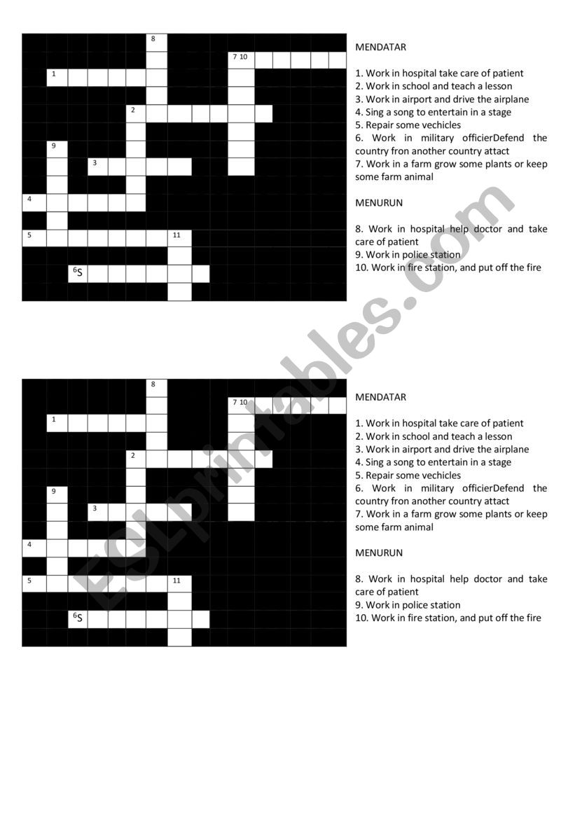 occupation crossword  worksheet