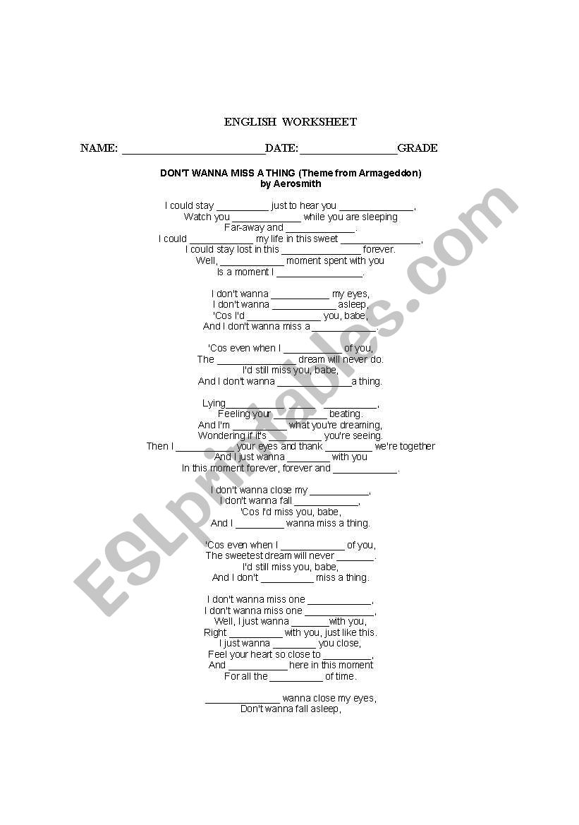 listening Areosmith song  worksheet