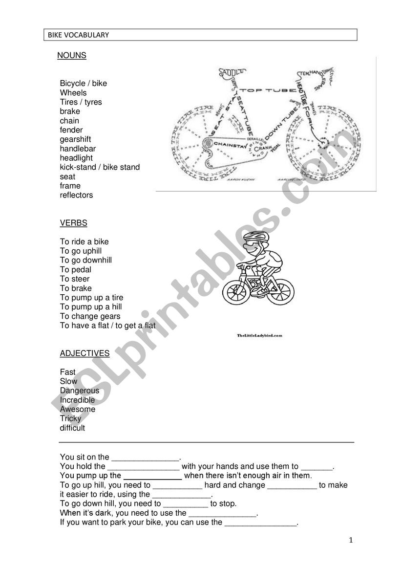 Bike vocabulary worksheet