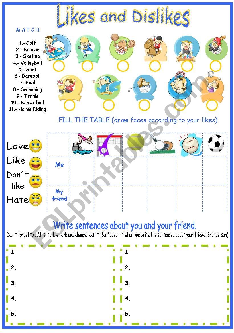 Sports and hobbies : likes and dislikes ( synonym expressions ) - ESL worksheet by Patou