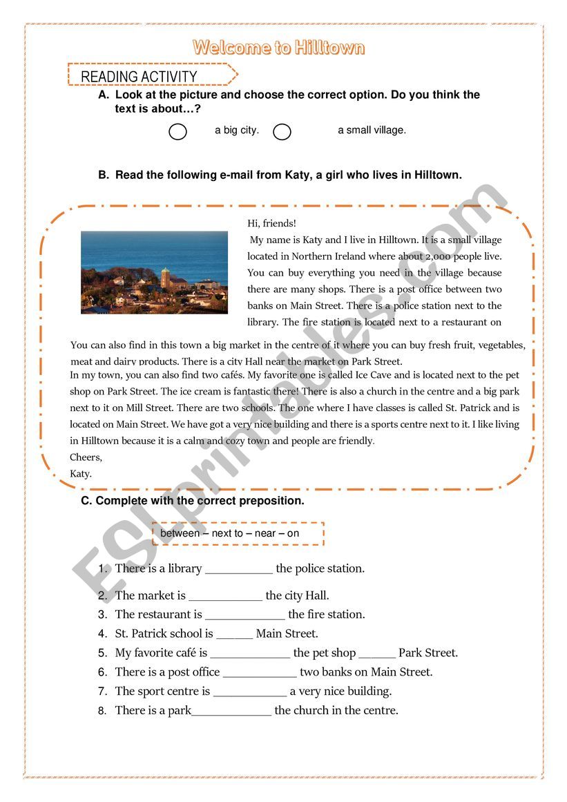 Prepositions of place - reading activity 
