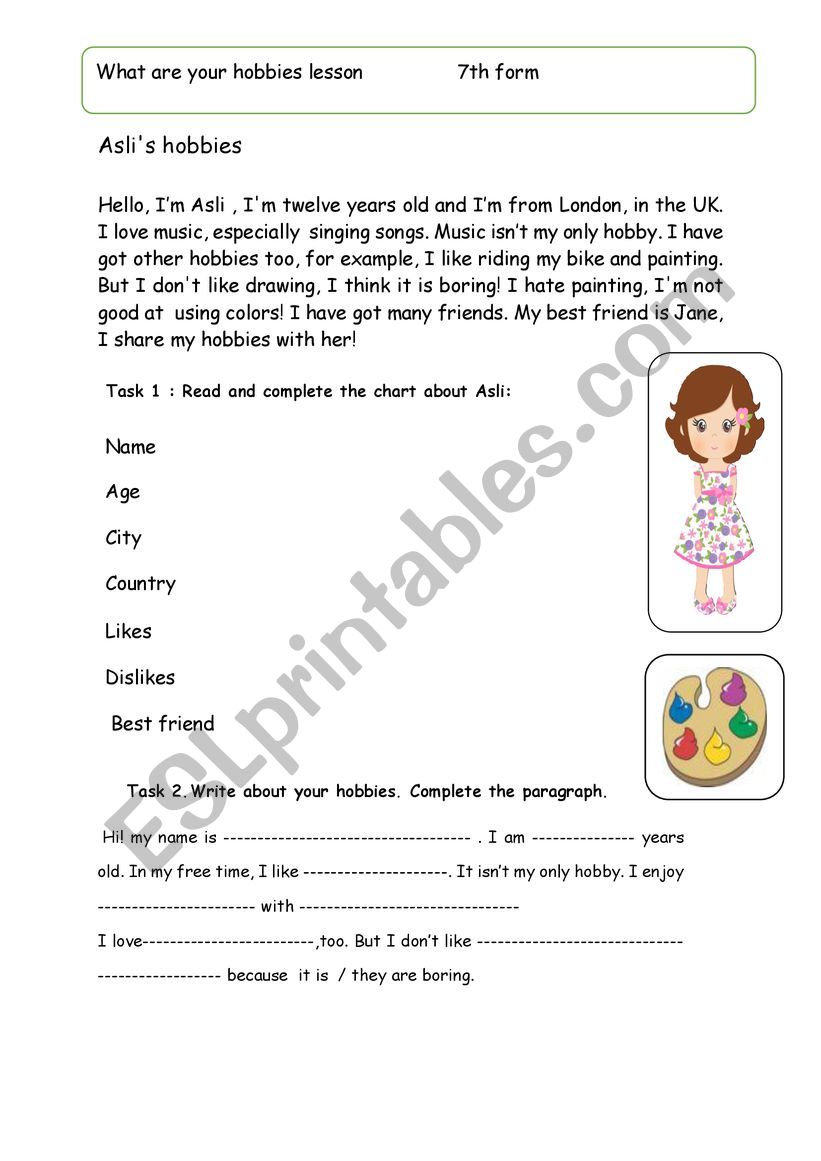 7th lesson about hobbies worksheet