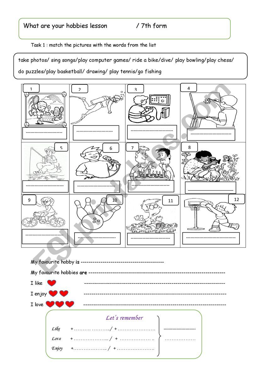 hobbies matching worksheet