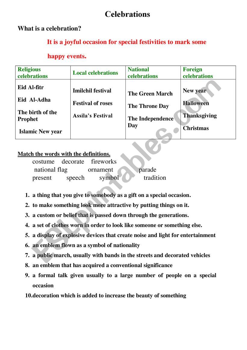 celebrations vocabulary  worksheet