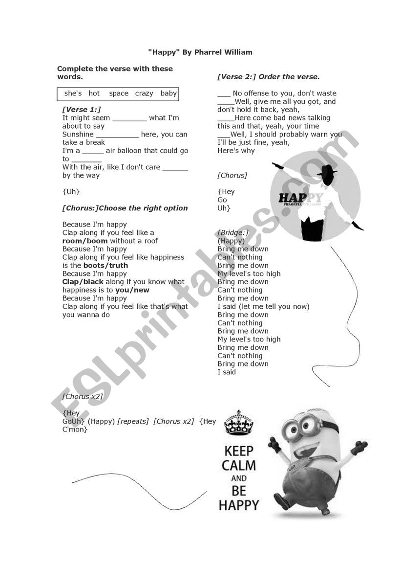 song Happy by Pharrel William worksheet