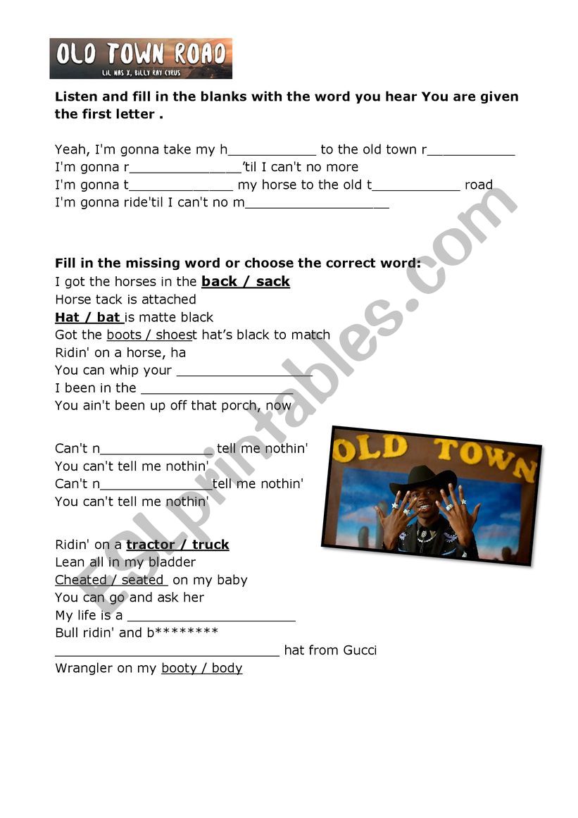 Old town road worksheet