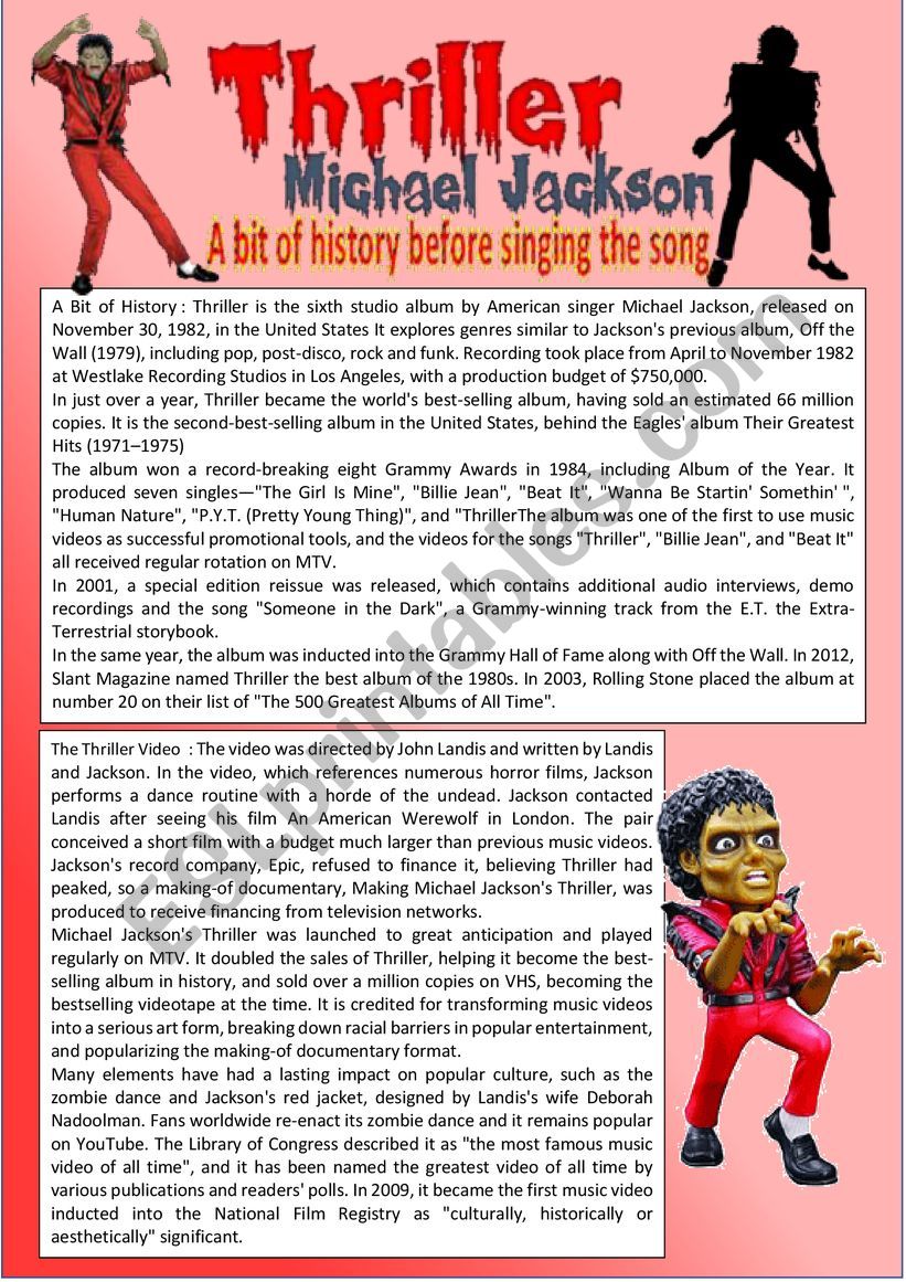 History Of The Thriller Album By Michael Jackson And Vincent Price Reading Comprehension Vocabulary Listening Activity Keys Esl Worksheet By Cariboo