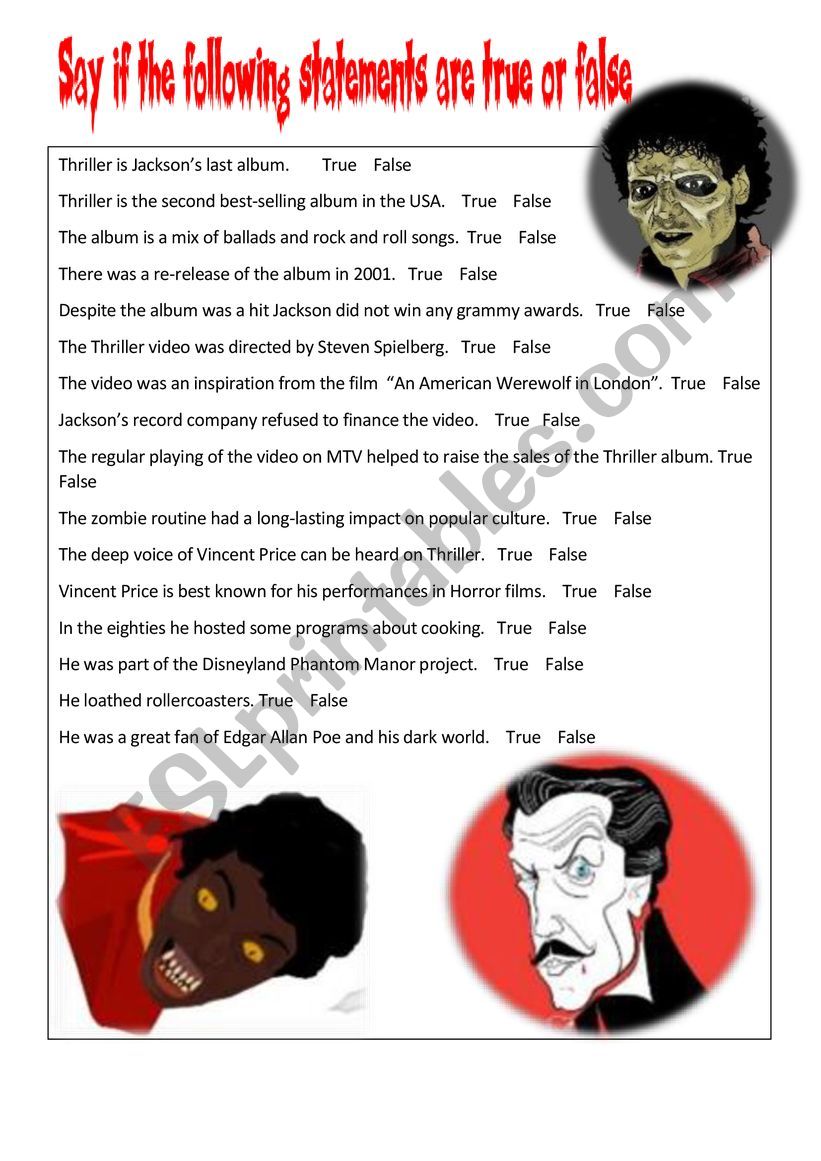 History Of The Thriller Album By Michael Jackson And Vincent Price Reading Comprehension Vocabulary Listening Activity Keys Esl Worksheet By Cariboo