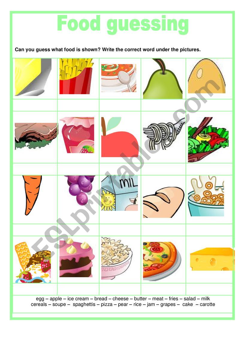 Food guessing worksheet