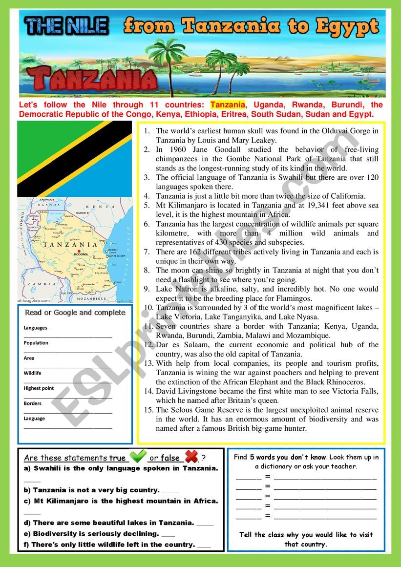 The Nile, from TANZANIA to Egypt. (1) Reading and/or web-search. + KEY