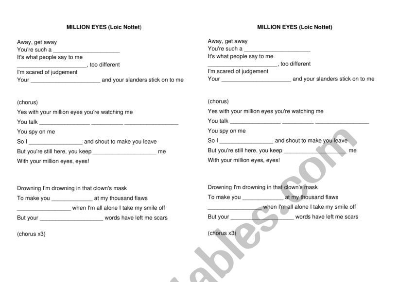 Million eyes - Loic Nottet worksheet Million eyes - Loic Nottet worksheet