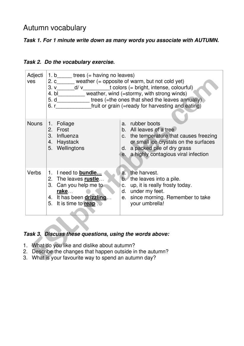 Autumn vocabulary  worksheet