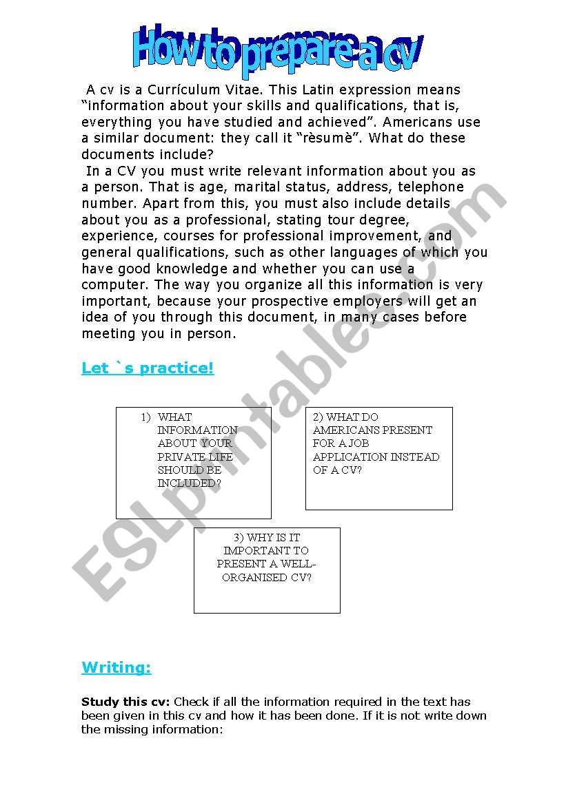 Curriculum Vitae worksheet