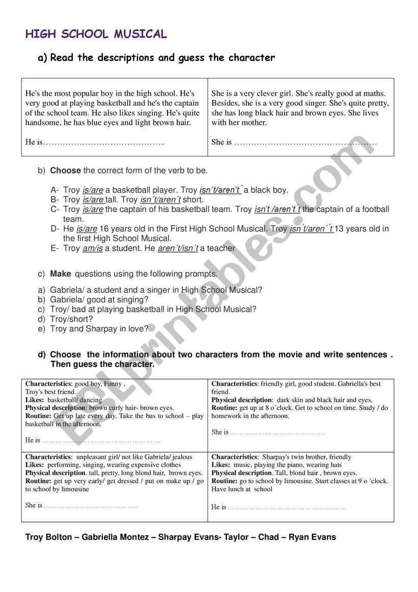 HIGH SCHOOL MUSICAL WORKSHEET worksheet