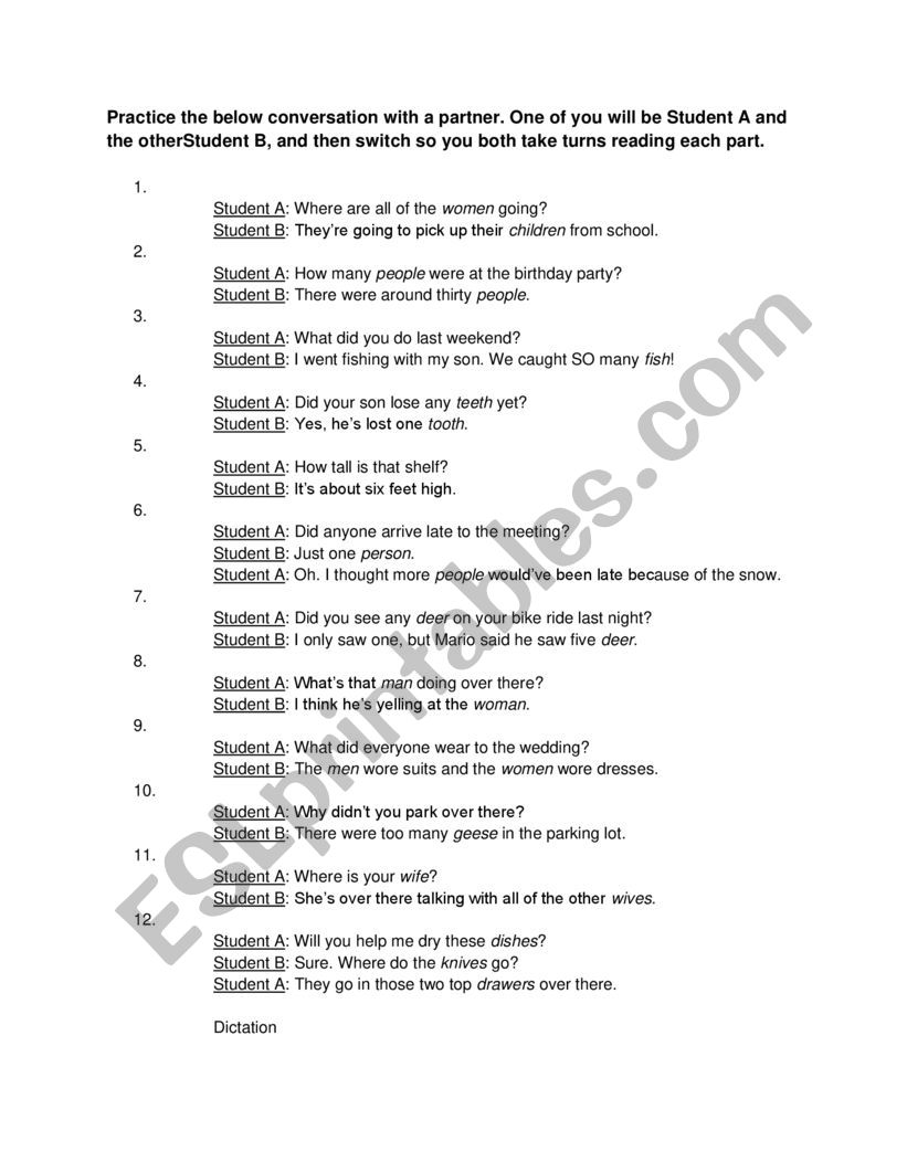 Conversation Practice - Irregular and Regular Plural Nouns