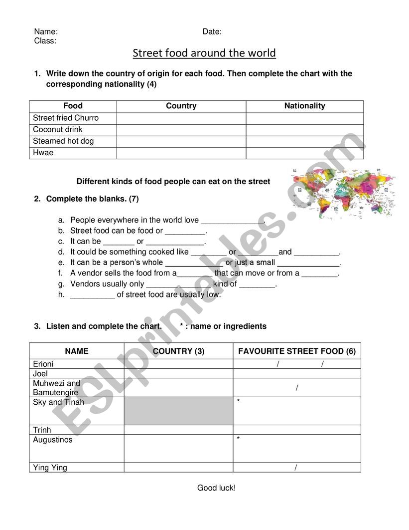 Street food around the world worksheet