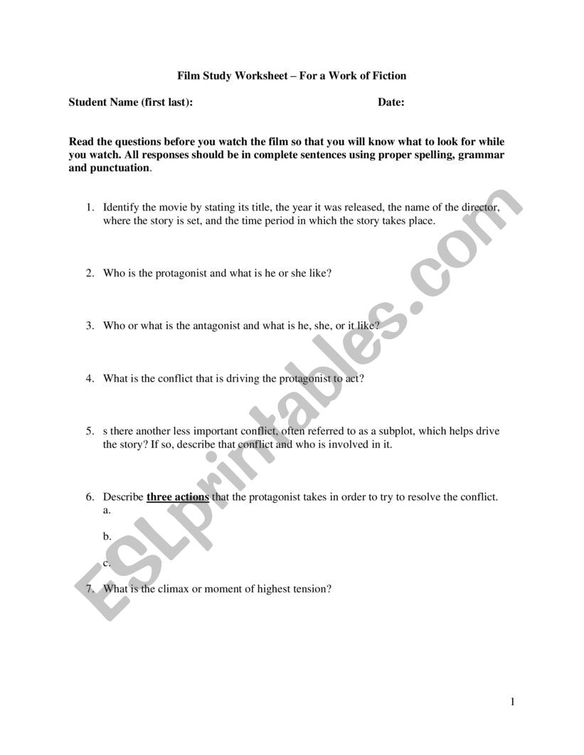 Film Study Worksheet worksheet