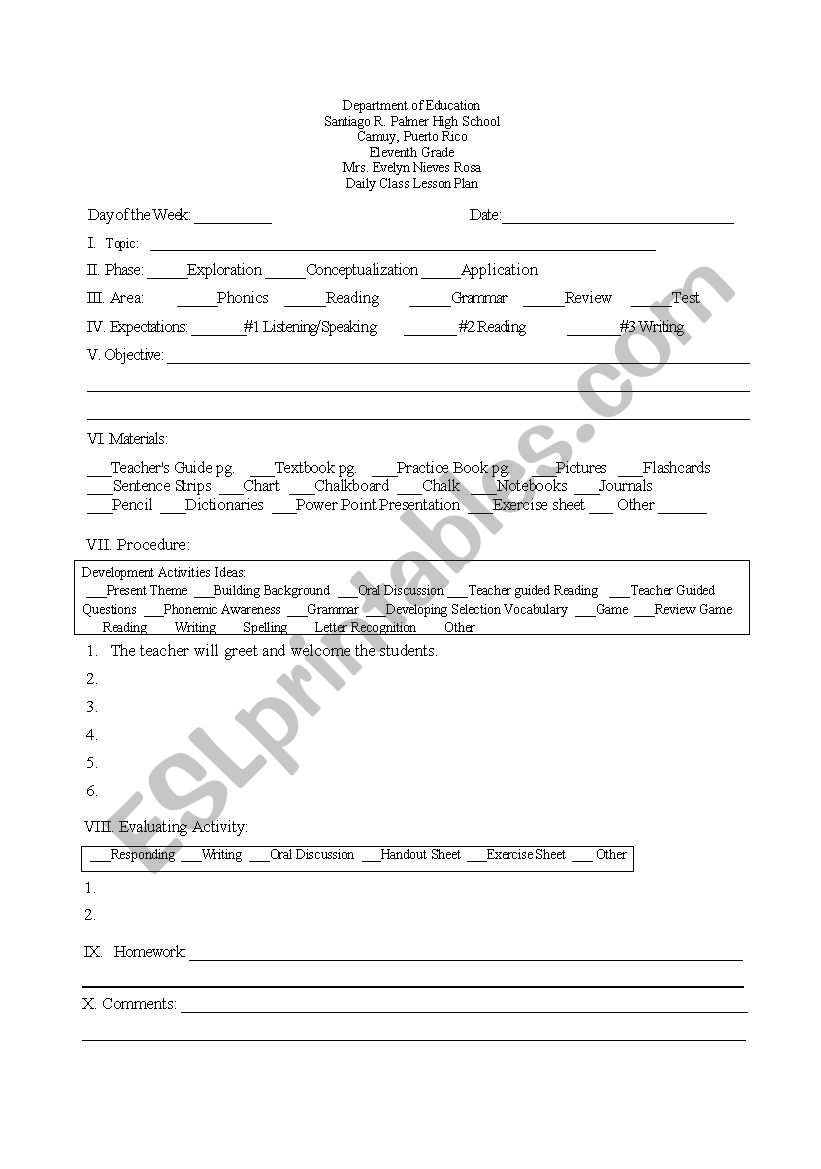 Daily Lesson Plan worksheet