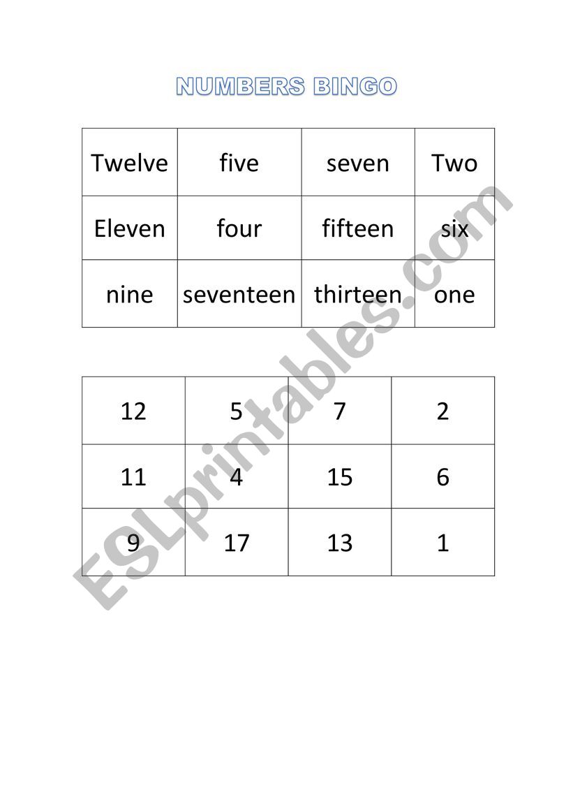 Bingo numbers worksheet