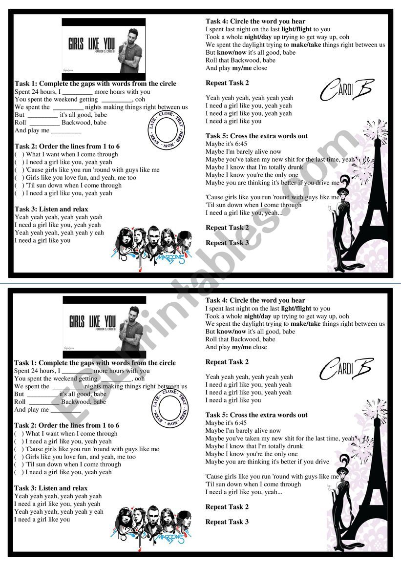 Girls like you worksheet