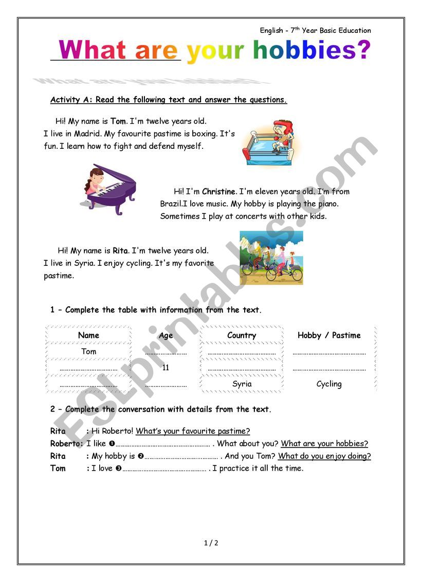 What are your hobbies?  worksheet