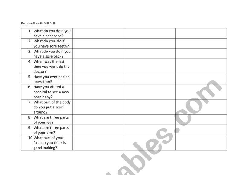 Body and Health Mill drill worksheet